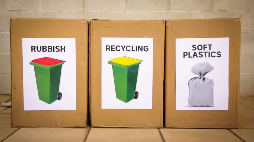 Three bins; rubbish, recycling and soft plastics.