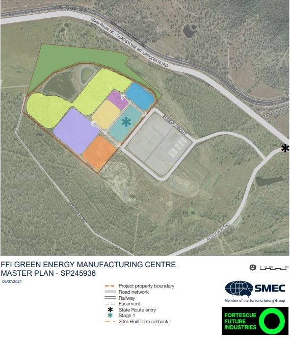 .Map of FFI green energy hydrogen manufacturing facility master plan in Gladstone in central Queensland