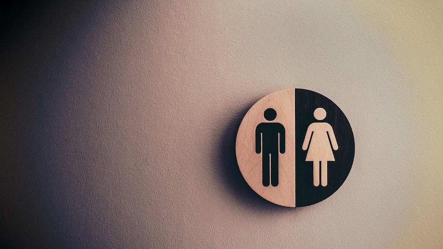 A sign on a wall shows the traditional symbols that signify male and female.