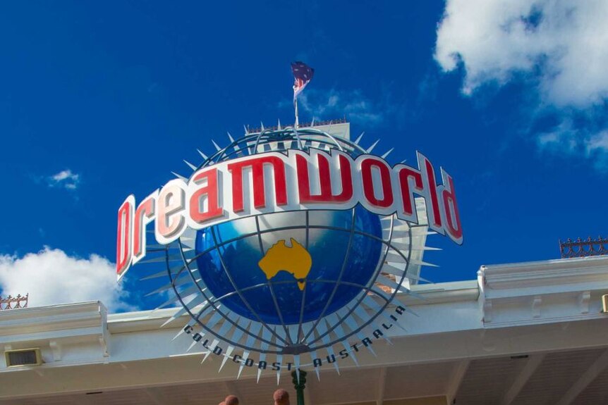 Dreamworld sign on top of building of entrance of the theme park on Queensland's Gold Coast.