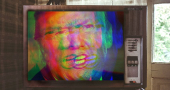 Donald Trump's image, blurred, shown on an old TV.