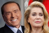 A composite image showing a headshot of Silvio Berlusconi on the left and a headshot of Catherine Deneuve on the right.