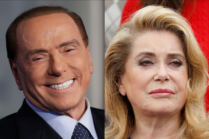 A composite image showing a headshot of Silvio Berlusconi on the left and a headshot of Catherine Deneuve on the right.