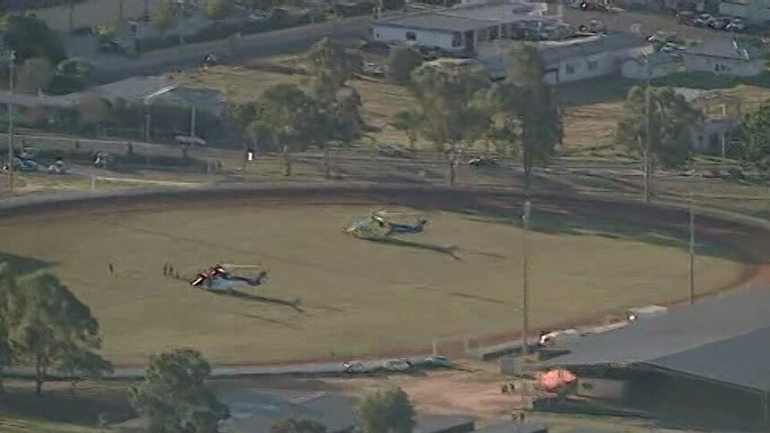 Helicopters on ground at Gatton Showgrounds in Lockyer Valley
