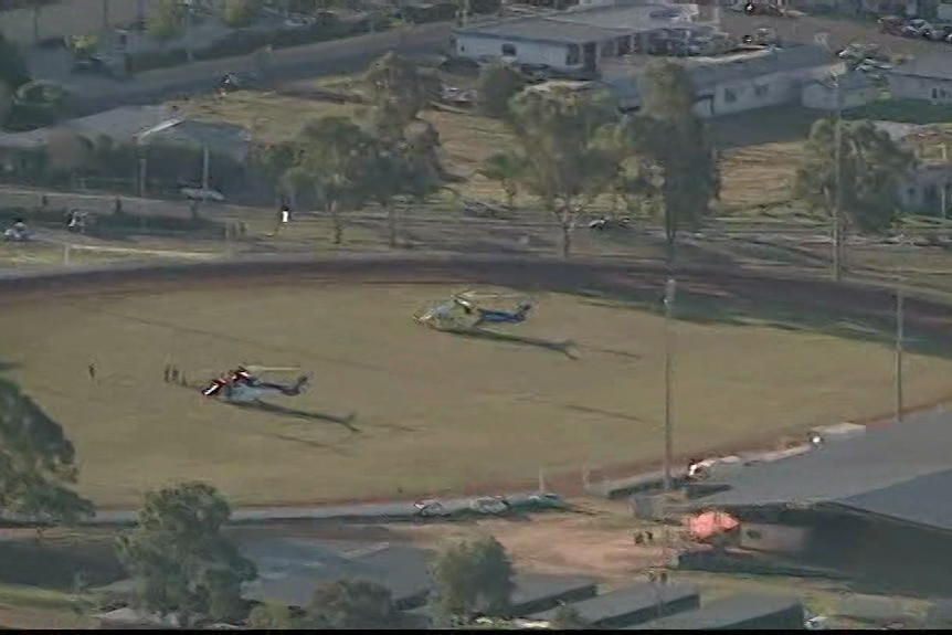 Helicopters on ground at Gatton Showgrounds in Lockyer Valley