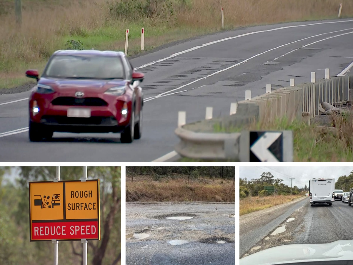 A composite of images: a red car driving on a road, a sign saying "rough surface", and potholes in a road.