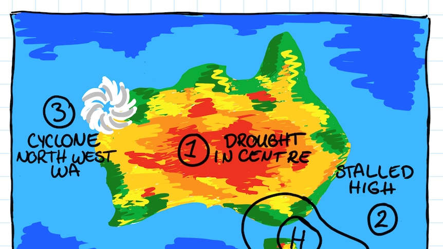 hand drawn map of Australia with cyclone over north west WA, red in the centre and high in the south east