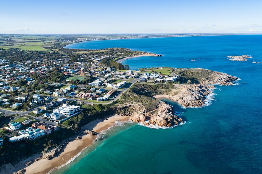 Aerial shot of the Encounter Bay whale nursery from Port Elliot to Goolwa