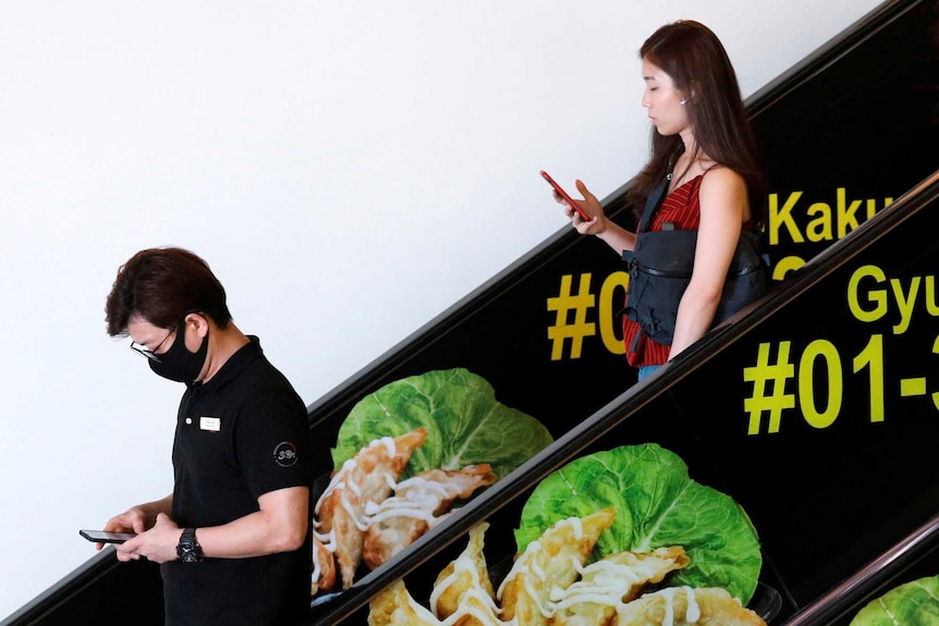 People wearing face masks come down an escalator covered in dumplings.