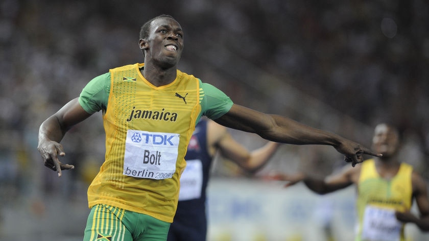 Jamaica's Usain Bolt breaks 200m world record at IAAF world athletics final in Berlin in 2009.