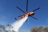 A firefighter looks on as air crane Elvis drops water at the Linksview Road fire near Faulconbridge, in the Blue Mountains.