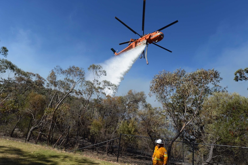 A firefighter looks on as air crane Elvis drops water at the Linksview Road fire near Faulconbridge, in the Blue Mountains 23/10/2103