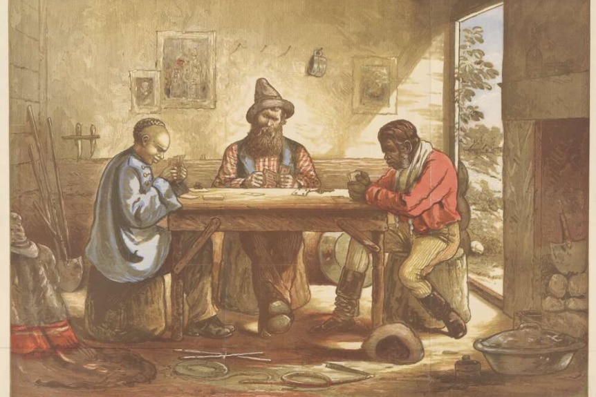 绘画作品：华人和澳大利亚原住民在一同一张桌子上打牌。