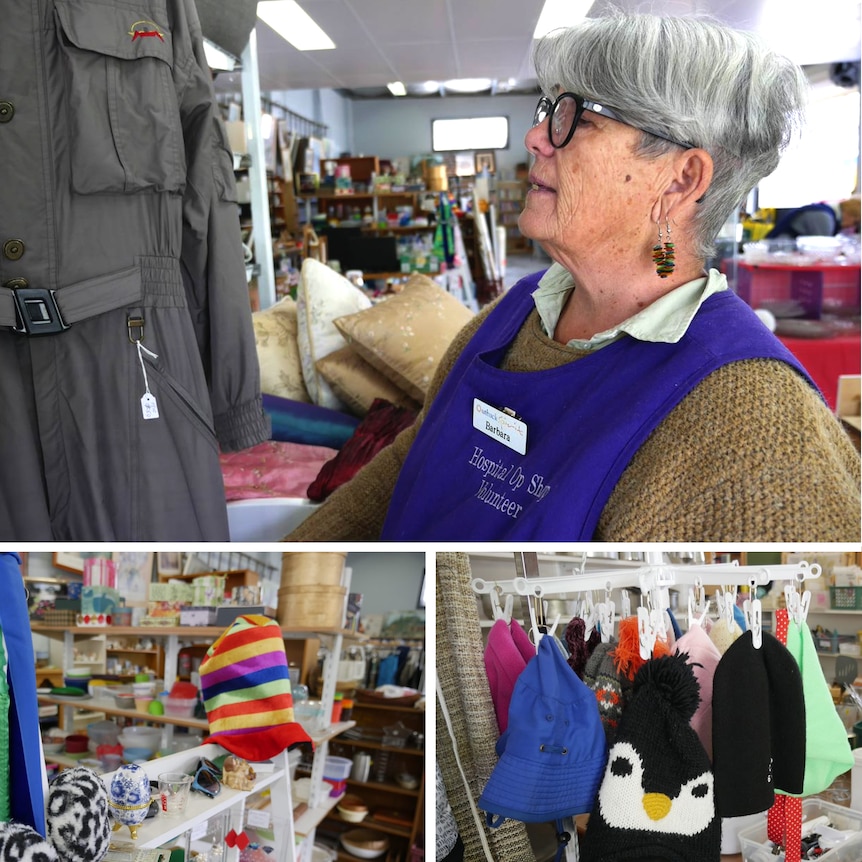 Three images: Barb wit ha ski suit, beanies hanging on pegs, and shelves stacked with ornaments and a rainbow hat.