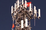 Nazi and China flags strung high on a telecoms tower.