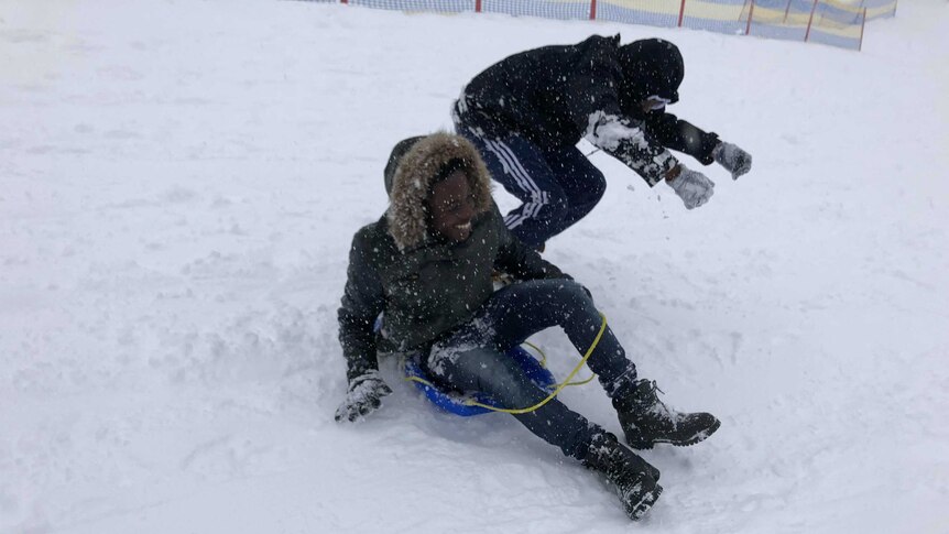 Young people from refugee backgrounds try tobogganing on their first trip to the snow.