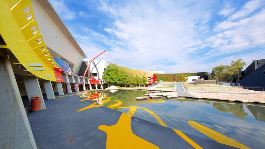 The interior courtyard of the National Museum of Australia, with bright, abstract architecture.