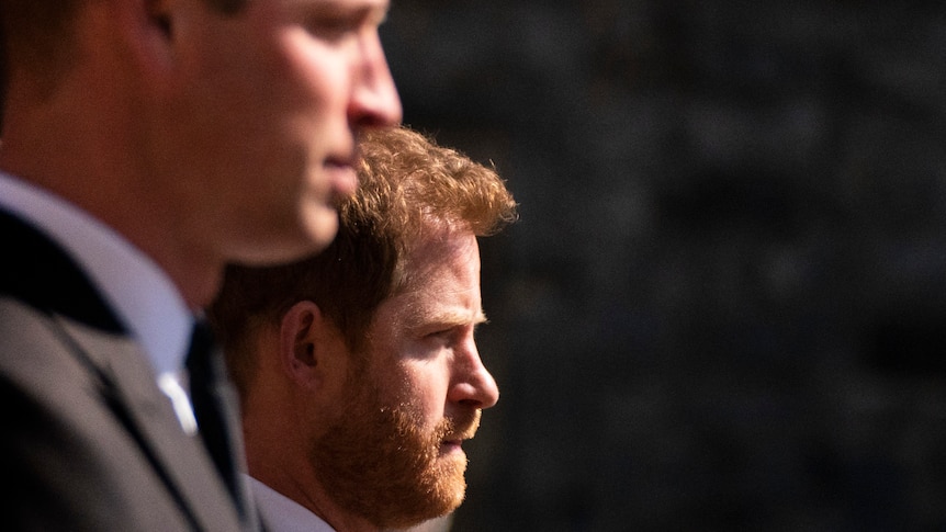 Prince William and Prince Harry walk in procession at Prince Philip's funeral.
