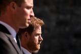Prince William and Prince Harry walk in procession at Prince Philip's funeral.