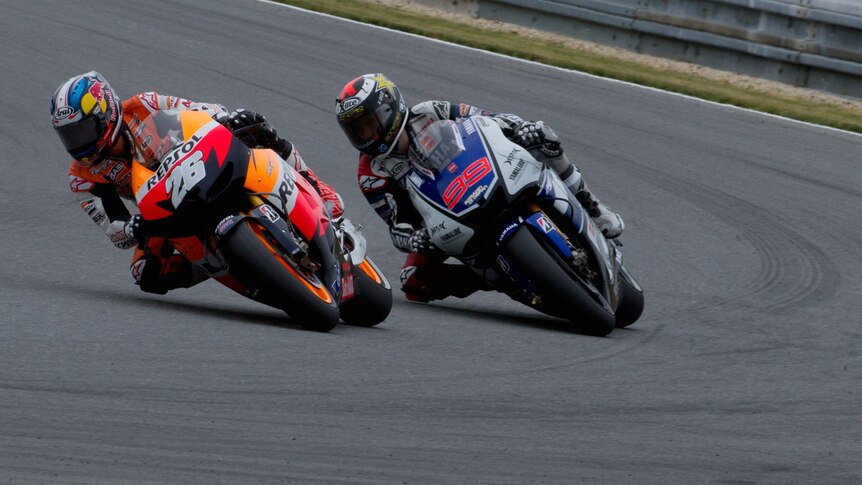 Spain's Dani Pedrosa leads compatriot Jorge Lorenzo in the Czech MotoGP.