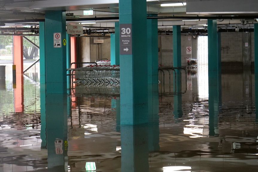 Shopping trolleys are inundated by floodwater in an undercover carpark.
