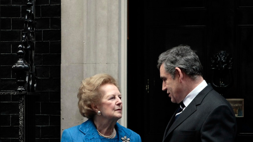 Margaret Thatcher is welcomed by Gordon Brown at 10 Downing Street.
