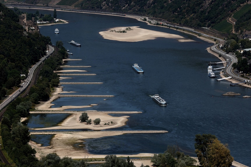 Drought: aerial view of the Rhine