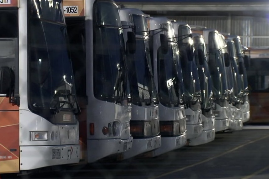 A line of buses parked inside the depot of CDC Victoria at Wyndham.