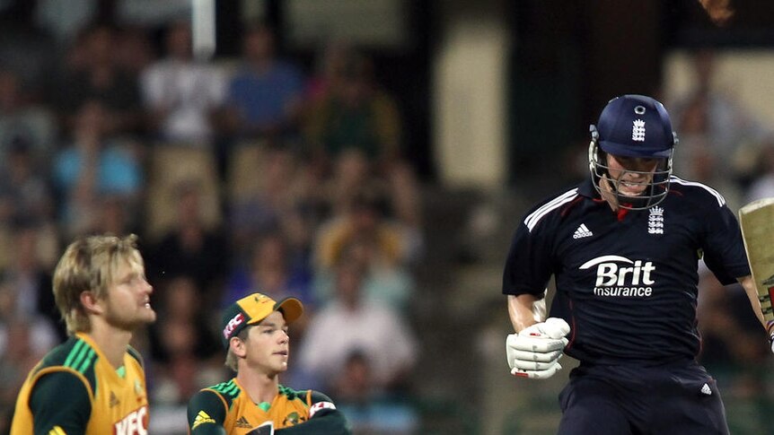 Winning feeling ... Chris Woakes rejoiced after hitting the winning runs off Shane Watson's last delivery.