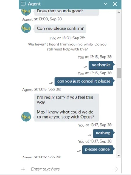 A screenshot of someone typing messages to an Optus chat bot 