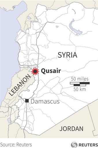 Map locating the strategic town of Qusair on the border with Lebanon.