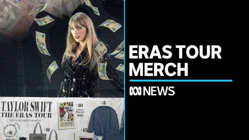 Eras Tour Merch: Composite image of Taylor Swift showered by money and merchandise from her Eras tour