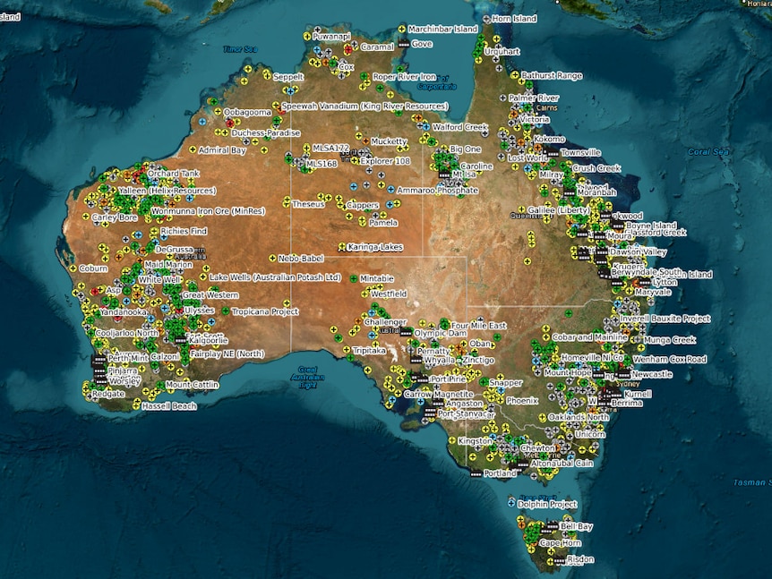 a map of australia showing mine sites