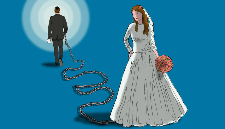 An illustration shows a bride chained to her husband.