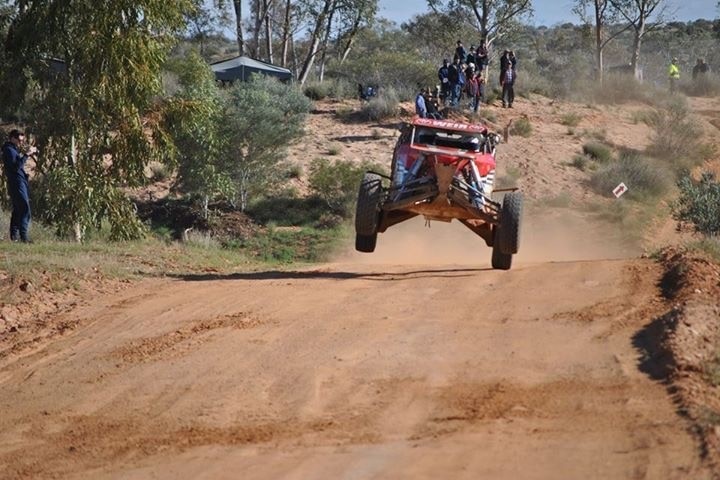 The Weirs' buggy flying through the air in the 2016 Finke Desert Race.