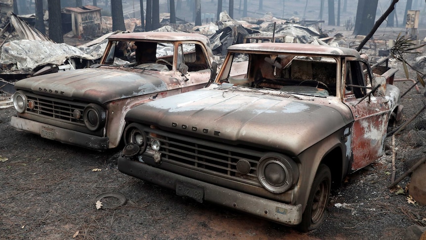 Two destroyed Dodge trucks in Paradise, California