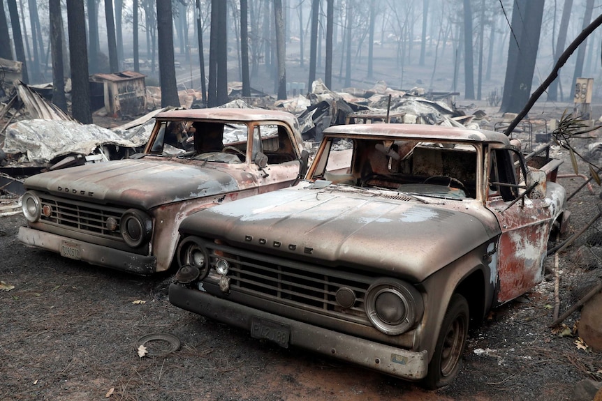 Two destroyed Dodge trucks in Paradise, California