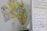 Gunggari writing and map in St Patrick's Primary School classroom in May, 2021