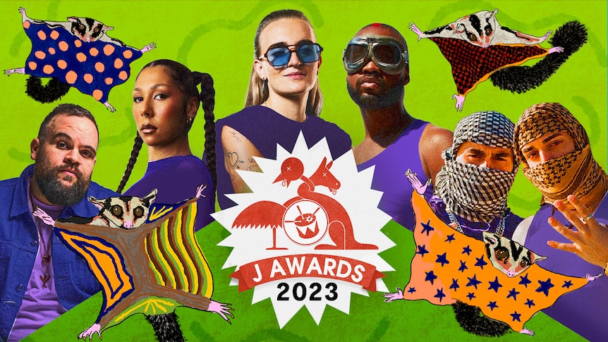 A collage of musicians in matching purple outfits on a lime green background with the J Awards logo