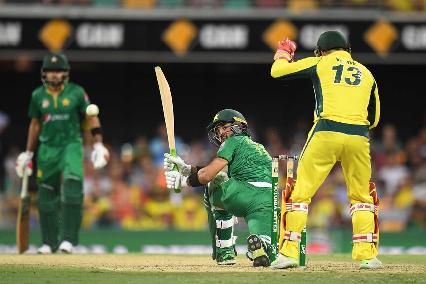 Muhammad Rizwan plays a shot against Australia
