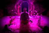Photo of actor Drew Fairley standing in a pink-lit ballpit with audience members during a A Midnight Visit scene.