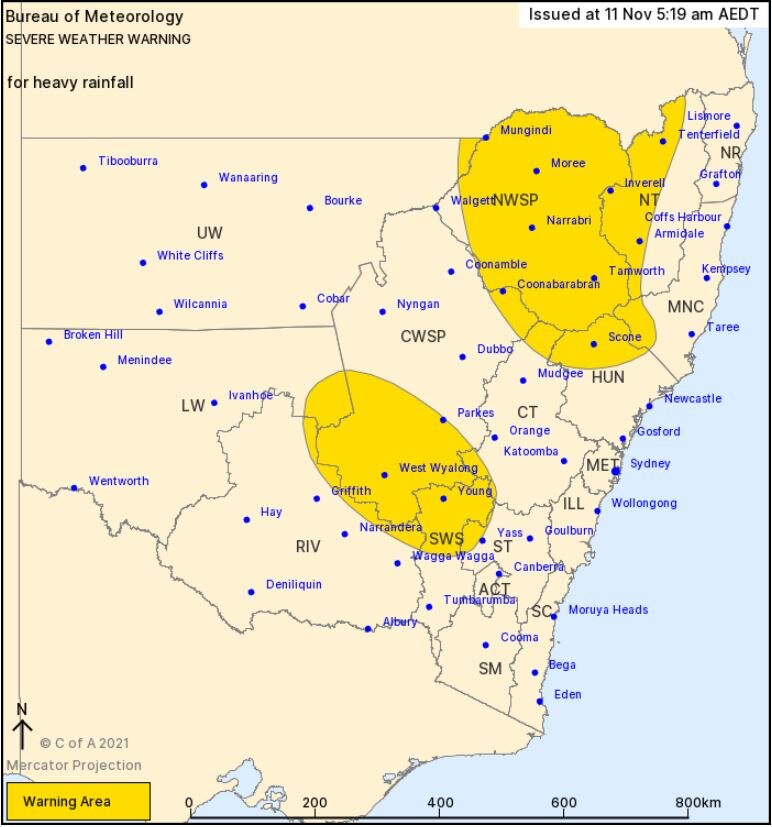 A map of NSW showing areas marked for severe weather warnings.