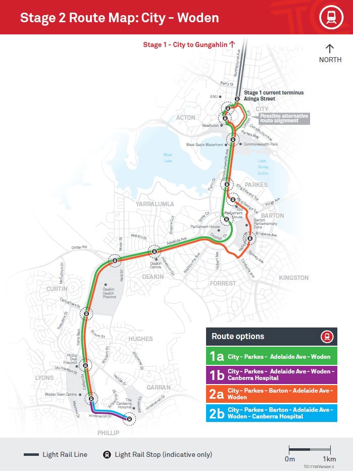 Proposed routes for stage two of Canberra's light rail