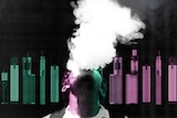 A graphic collage of a man exhaling a cloud after vaping, behind him is a line of various vapes.