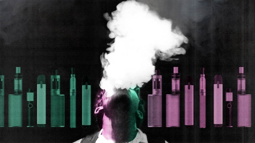 A graphic collage of a man exhaling a cloud after vaping, behind him is a line of various vapes.