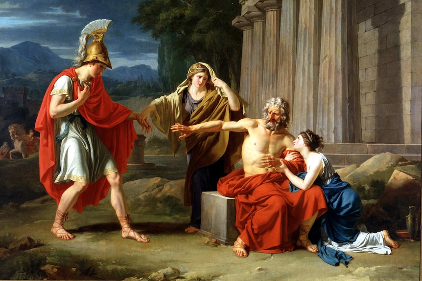 A painting from 1788 shows the Ancient Greek king Oedipus sitting on a stone slab alongside his son and two daughters.