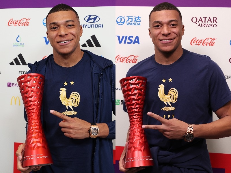 Composite image of Kylian Mbappé with player of the match awards after Qatar World Cup games against Australia and Denmark.