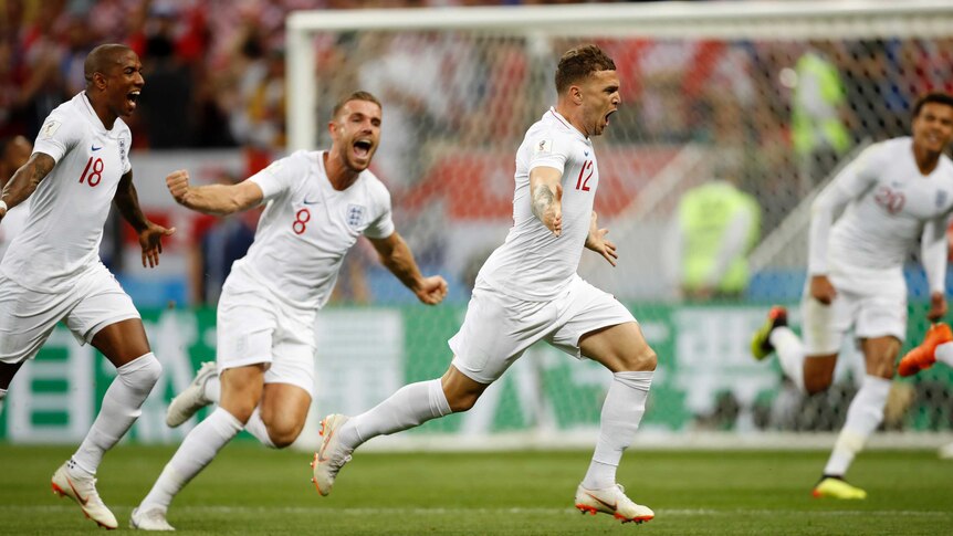 Kieran Trippier celebrates a goal for England against Croatia in the 2018 World Cup semi-final.