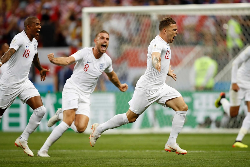 Kieran Trippier celebrates a goal for England against Croatia in the 2018 World Cup semi-final.