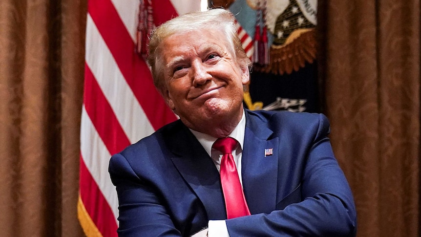 Donald Trump wears a dark blue suit. He is folding his arms and smirking.